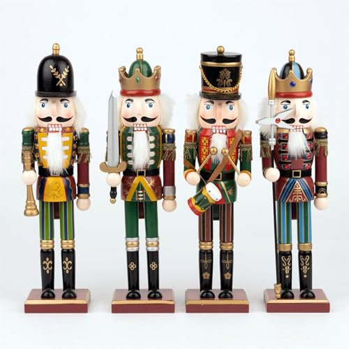 SHATCHI 38cm Assorted Wooden Christmas Nutcrackers - 4pcs Set - Soldiers King Puppet Figurines Xmas Home Decoration Ornament