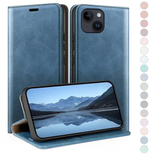 HUOUH for iPhone 15 6.1 Wallet case with RFID Blocking PU Leather,Flip Folio Book covers,Credit Card Holder Shockproof Phone case Women Men for Apple 15 case Sky Blue
