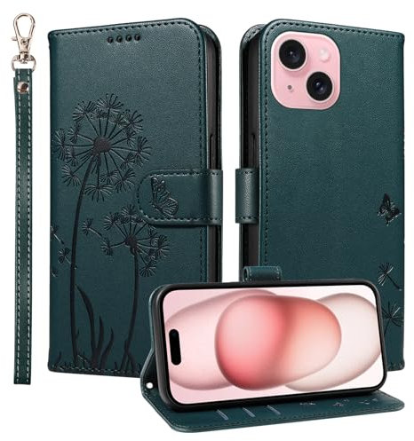 Trugox Wallet Case for Apple iPhone 15 Phone Case Leather Dandelion with Credit Card Holder Purse Kickstand Folio Book Folding Flip Case Cover Women Shockproof - Teal Blue