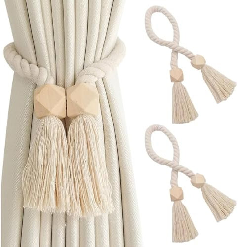 Magnetic Curtain Tie Backs 2 Pack, Modern Simple Style 22.83 Long Braided Rope Holdbacks with Strong Magnets, Suitable for Thin or Thick Curtains in, Decorative Pearl Ball and Rope Curtain Tiebacks