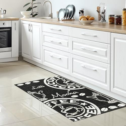 CARPETIA Tappeto soggiorno sala da pranzo balcone giardino d'inverno cucina tappeto robot aspirapolvere resistente e durevole adatto al moderno motivo del caffè in bianco nero, 160 x 220 cm