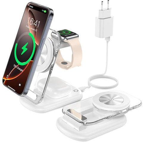 Mag Safe Ladestation, 3 in 1 Mag Safe Ladegerät, faltbar einstellbar Winkel mit Atmosphärenlicht, Kompatibel mit Telefon IWatch/Airpods, für iWatch iPhone 16/15/14/13/12, Weiss