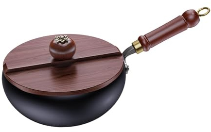 JISADER Chinesische Küche Wok 24cm, Eisen Wok mit Holzdeckel Zum Kochen und Braten, Großer Bauchiger Eisentopf mit Holzgriff, Traditioneller Rührpfanne für Induktions, Gasherden, Elektroherd