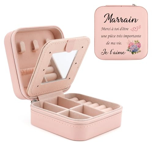 Cadeau Marraine,Noel Anniversaire Personnalisé Marraine Merci Cadeau Fete Des Meres Saint Valentin Demande Bapteme Cadeaux,Petite Boite a Bijoux Voyage Femme,Miroir Rangement Bijoux,Boîte à Bijoux