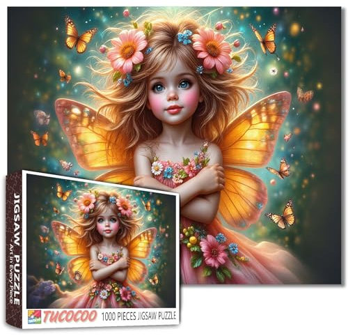 Tucocoo Puzzles für Erwachsene 1000 Teile, Orange Wing Fairy Girl Umgeben von Schmetterlingen, Fantasie-Puzzle zur Entspannung, verzauberte verträumte Nachthimmel-Szenen-Puzzle, herausforderndes