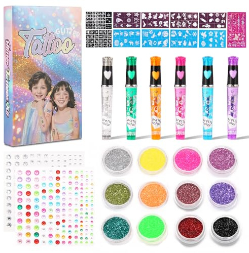 Tattoo Stifte Kinder, Glitzer Tattoo Set Kinder mit 6 Glitter Tattoostifte, 12 Farben Glitzertattoos,1 Pinsel, 1 Kleber, 149 Aufkleber Schablone, 330 Gesicht Edelstein, Tattoos Jungen und Mädchen