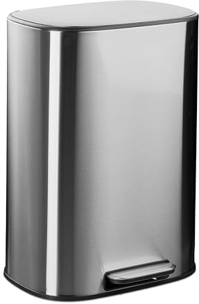 Relaxdays Kitchen Pedal Bin, 50 L, Rubbish Disposal, Soft Close Lid, Removable Inner Bucket, Stainless Steel, Silver