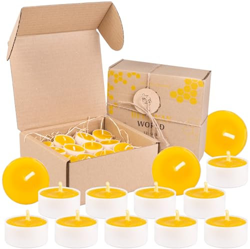 BeesWax World Lot de 10 à 50 bougies chauffe-plat en cire d'abeille avec mèches en coton - 4 heures de combustion - 10 à 50 pièces - Bougies en cire d'abeille avec plastique recyclé (32, Blanc)