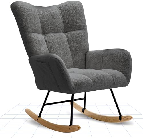 FLEXISPOT Rocking Chair with High Backrest & Armrests - Modern Swing Chair with Wooden Skids, Padded Recliner Chair for Living Room & Bedroom, Maximum Load 120 kg, Grey