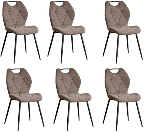 GrandCA HOME 6er-Set Esszimmerstühle, nordische Küchenstühle mit Griffen, für Esszimmer, Wohnzimmer, Metallbeine und Polsterung mit Rautenmuster (braun)