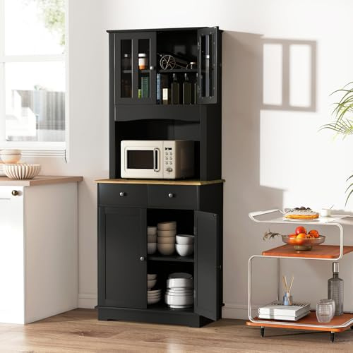 GIANTEX Küchenschrank Hoch, 170 cm Buffetschrank Küche, Küchenbuffet mit Arbeitsplatte, Hochschrank mit 2 Schubladen & verstellbaren Ablagen, Aufbewahrungsschrank Vorratsschrank freistehend (Schwarz)