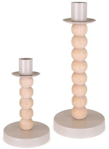 matches21 HOME & HOBBY Stabkerzenhalter 2er Set Holz-Metall Natur-Beige 14 & 20 cm - Moderne Kerzenhalter für Tischdeko