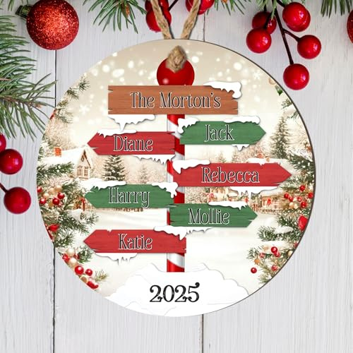 Personalised Winter Family Signpost Hanging Tree Decoration - Custom Children's Names Round Bauble with Snowy Scene for Family Keepsake Gifts (6 Sign posts, MDF Wood - Indoor Use Only)
