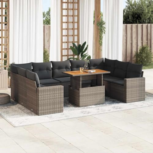 Teenpull 10-TLG. Garten-Sofagarnitur Grau aus Poly Rattan, Outdoor Möbel Set mit Kissen, verstellbarem Tisch, Stauraum für Terrasse, Balkon, Hof