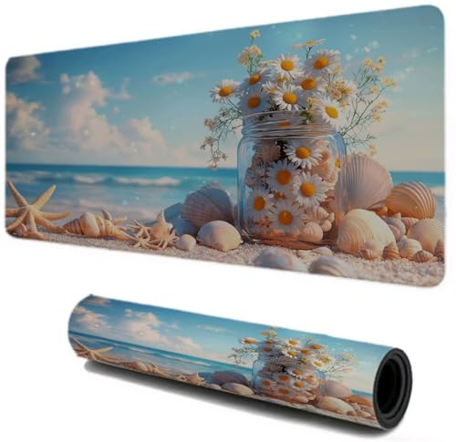 Schreibtischunterlage Am Meer, Mauspad 600x300, Gaming Mauspad Muscheln, Mouse Pad für Tastatur, Rutschfester Gummibasis und Genähten Kanten, Home Office Gadgets für Arbeit, Gaming, Studium I-569