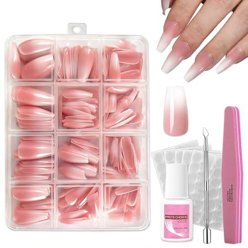 Long Fake Nails Set - 240PCS Ombre False Nails - Coffin Press on nails - Gradient Stick on Nails for Women - Natural Acrylic Nail Tips - Elegant Glue on nails for DIY Holiday Party French Manicure