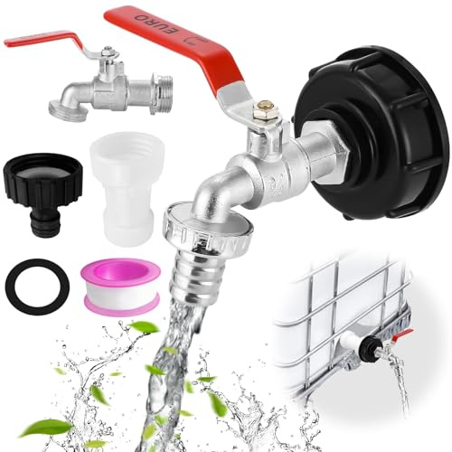Robinet Cuve 1000L IBC, Adaptateur S60X6 3/4 Pouce en Laiton/Aluminium, Robinet à Bille pour Réservoir d’Eau de Pluie, Accessoires de Citerne Jardin, Raccord de Vidange IBC