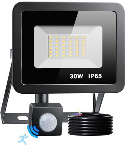 LED Strahler mit Bewegungsmelder Außen 30W 3000LM 6500K Aussenstrahler | 40 LED Beads Fluter Kaltweiß Superhell Scheinwerfer Flutlicht IP65 Wasserdicht Wandleuchte für Garten, Garage, Haus, Hof