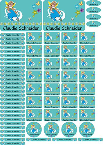 Namensaufkleber Kinder Schule schöne Fee - 69 Sticker - A4-Bogen - Namensetiketten selbstklebend - Aufkleber selbst gestalten - Kindergarten, KITA, Brotdose, Bücher, Federmappe, personalisiert