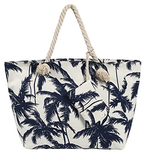 DonDon Strandtasche mit Reißverschluss, Große Strandtasche XXL, Shopper Tasche Damen - Praktische Beach bag Umhängetasche Damen Badetasche für Strand und Meer - Palmen weiß