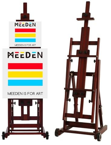 MEEDEN Multifunktionale Studio Staffelei, H-Frame Staffelei, Massive Buchenholzstaffelei mit Vorderrädern, Kann Leinwände bis zu 196cm Aufnehmen, Nussbaum Farbe