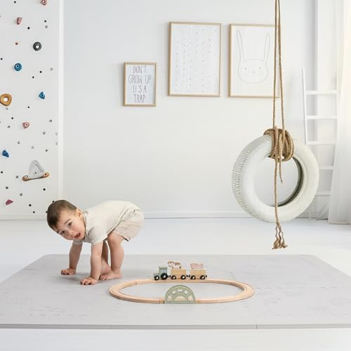 LuBabymats Mini - Original gepolsterte Krabbeldecke für unterwegs aus hochwertigem EVA-Schaumstoff, extra weiche Polsterung für Babys mit lustigen kindgerechten Designs in grau