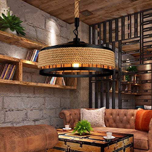 Lustre Suspension Lampe Vintage Corde Lustrerie Suspension Luminaire Rétro Industriel Corde Chanvre Pendentif Lightshade Rustique Loft E27 Plafonniers Lustre Salon Rond Suspendus Cage Lumières (A)