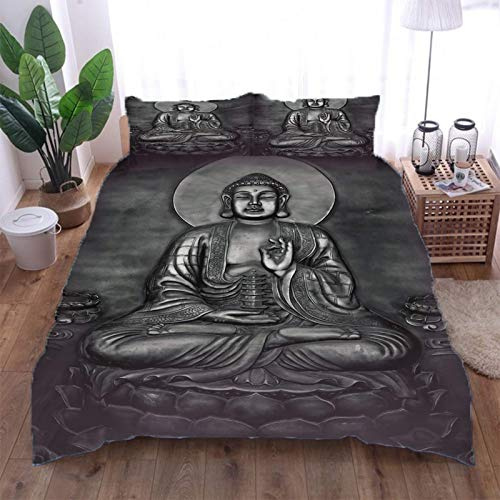 AOUAURO Bettwäsche 200x200 Buddha Bettbezug Set 3D 3-Teiliges Polyester mit Reißverschluss 1 Bettbezug und 2 Kissenbezug 80x80cm 3 Stück Doppelbett