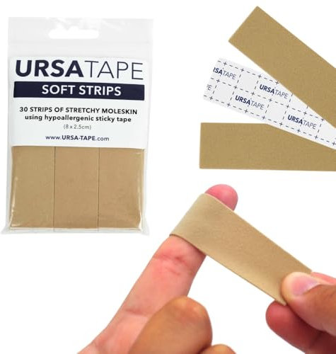 URSA Tape Stretchy Moleskin Fabric Tape | 30 Strips, Heavy-Duty Blister Prevention, No-Residue Bandages for Feet & Body Tape for Fabric | Beige Moleskin (3.14 x 0.98in)