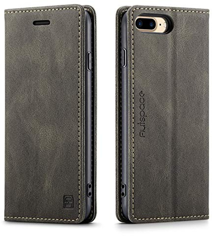 LOLFZ Handyhülle für iPhone 8 Plus iPhone 7 Plus iPhone 6S Plus iPhone 6 Plus, Dünne Schutzhülle RFID Schutz Kartenfach Standfunktion Vintage PU Leder Magnetische Klapphülle - Kaffee Braun