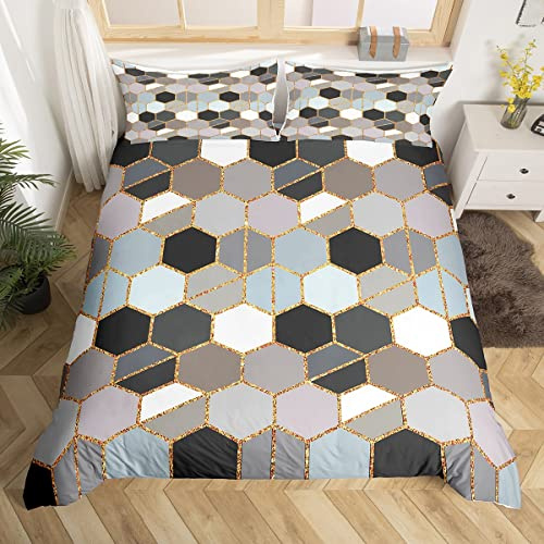 Loussiesd Women and Adults Reversible Bedding Set, Honeycomb, with Modern Geometric Duvet Cover, with Hexagon Stripe Pattern, For the Room, Ultra Soft Marble, Zippered,