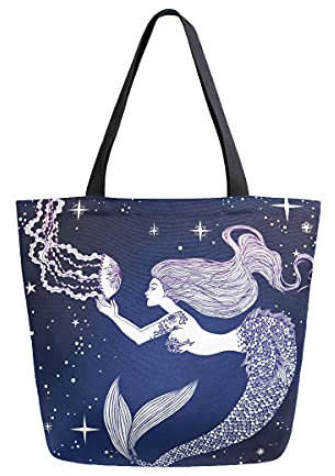 COZYhome Große Canvas Handtasche Ocean Sea Animal Quallen Meerjungfrau Tote Taschen Wiederverwendbare Einkaufen Lebensmittel Tasche Schultertasche Geldbörse für Frauen Arbeit Schule