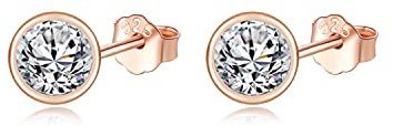 PRETTERY Silver Stud Earrings, 925 Sterling Silver Earrings with Cubic Zirconia, Hypoallergenic Small Sleeper Round Studs for Women, Diameter 6mm, Rose Gold
