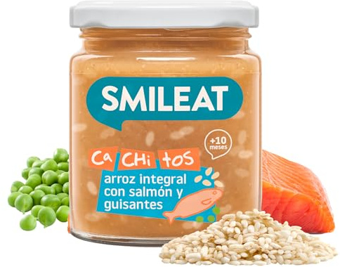 Smileat - Tarrito de Ca-Chi-Tos de Arroz Integral, Salmón y Guisantes - Ecológico, Sin Azúcar Añadido, Sin Sal, Sin Gluten, Sin Leche, Sin Huevos - Ideal para peques a Partir de 10 Meses - 230g