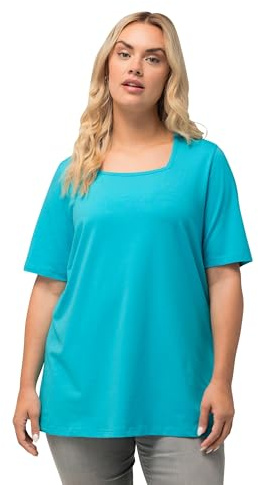 Ulla Popken Damen große Größen Übergrößen Plus Size T-Shirt, A-Linie, Carré-Ausschnitt, Halbarm tiefes Aqua 54+ 807286740-54+