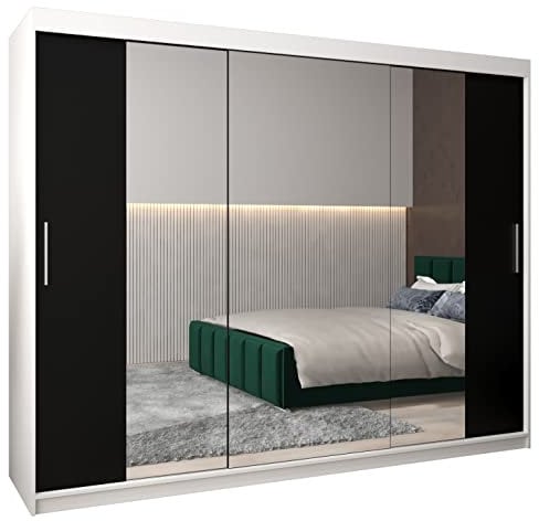 MEBLE KRYSPOL Kleiderschrank mit Spiegel Tokyo 2 - Garderobenschrank - Schrank Schlafzimmer - Mehrzweckschrank DREI Schiebetüren - Regalen - Flur Möbel - Kleiderstange Schrank - Allzweckschrank
