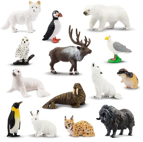 toymany 14PCS Tiny Polar Animal Figurines Set Plastic Mini Arctic Animal Figure Christmas Birthday Gift Cake Toppers Educational Toy for Kids Toddlers