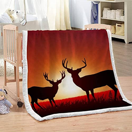 Kuscheldecke 80x150 cm 3D Elch, Wolldecke Sonnenuntergang Flauschige Fleecedecke, Warme Sherpa Decke Wohndecke Sofadecke, für Tagesdecke Blanket Couchdecke