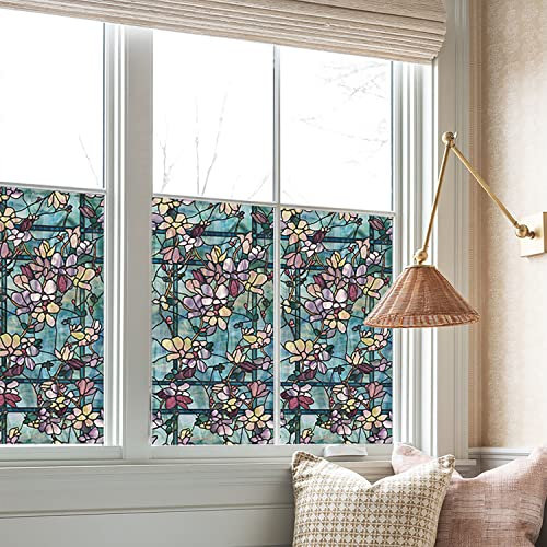 funlife Fensterfolie statisch haftende Fensteraufkleber Blickdicht, selbsthaftende Glasfolie für Fenster, Glas im Büro Bad, einseitige Sichtschutzfolie Scheibenfolie, 30x300cm Magnolien