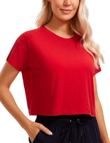 CRZ YOGA Damen Kurzarm Sport Tshirt Loose Baumwolle Fitness Crop Top Sommer Gym Workout Cropped Oberteile Festival Rot 42