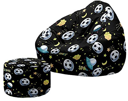 Treer Sitzsack mit Lehne und Hocker mit Ohne Füllung Großes Sofa Lazy Lounger Sitzsack Stuhlbezug Indoor Sitzsack Abdeckung für Kinder und Jugendliche (100x120+20x30cm,Fußball C)