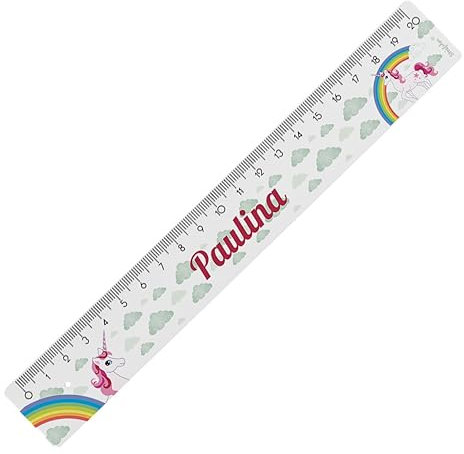 Striefchen® Lineal für Schule, Freizeit und Schreibtisch, bedruckt mit Wunschname und verschiedenen Motiven zur Wahl, Kunststoff, 2 Größen 20 cm, Einhorn