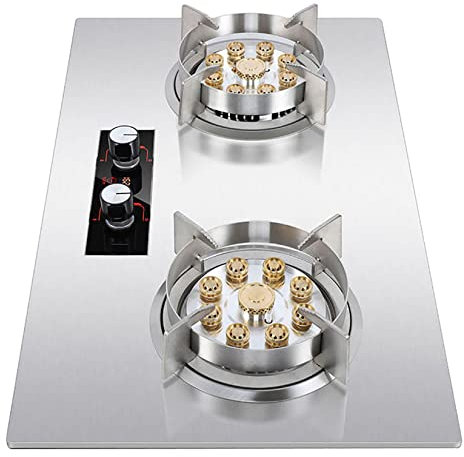 HZWJD Built-in Double Burner Gas Hob, Stainless Steel, Gas Combustion, 2 Burners, Knob Control, Automatic Shut Off, Timer, Countertop