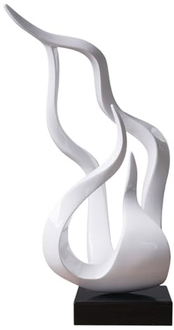 NENBOLEC Abstrakte Flammen Skulptur Moderne Deko Tischzentrum Arts 42cm | Glänzend Weiße Resin Figur mit Schwarzem Sockel Handgefertigte Geschenk für Wohnzimmer Büro Café Bar