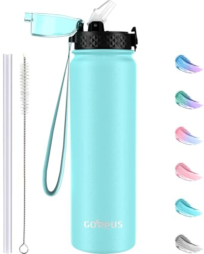GOPPUS 1L/32oz Thermosflasche mit Strohhalm Doppelschicht Edelstahl Trinkflasche 1 Liter Isolierflasche Auslaufsicher Sport Wasserflasche Kohlensäure Water Bottle Trinkflaschen BPA-frei Wasser Flasche