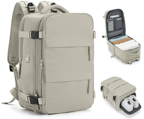 HPLQQ Travel Backpack Cabin Size for Women, Ryanair Cabin Bags 40x20x25 Underseat Carry On Hand Luggage Backpack, Water Resistant Rucksack Casual Daypack School Bag with Shoe Compartment,I4-grey Brown