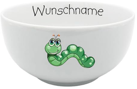 Doriantrade Müslischale Kinder Porridge Schale Porzellan personalisierbar mit Wunschname Name Kindergeschirr mit Namen personalisiert (Wurm)