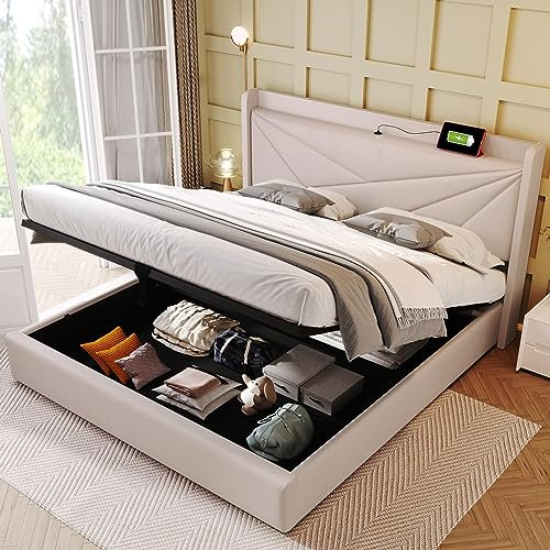 Dolamaní Polsterbett Doppelbett 160x200 cm mit Stauraum Bettkasten und USB Typ C Ladefunktion Kopfteil, Leinenstoff Jugendbett Erwachsenenbett Beige