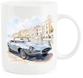 Purely Home Classic Sports Car Mug - Vintage Blue Jaguar 60s Car Lover Marina Harbour Gift Present - Tea Coffee White Bone China Mug