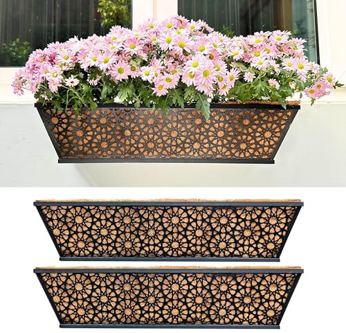 Maxona Wand-Pflanzgefäß, 2 Stück, 61 cm Geländer zum Aufhängen, Pflanzgefäß mit Kokosauskleidung für den Außenbereich, Metall, Balkon, Garten, Pflanzkorb, Deckschiene, Zaun, Fenster, Haus, Pferdetrog,